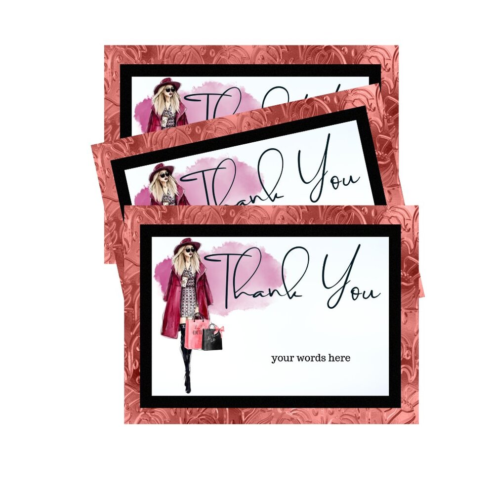 Thank You Cards Illustration Stylish Shopping Girl Trendy Pink Dress Tutu Gifts